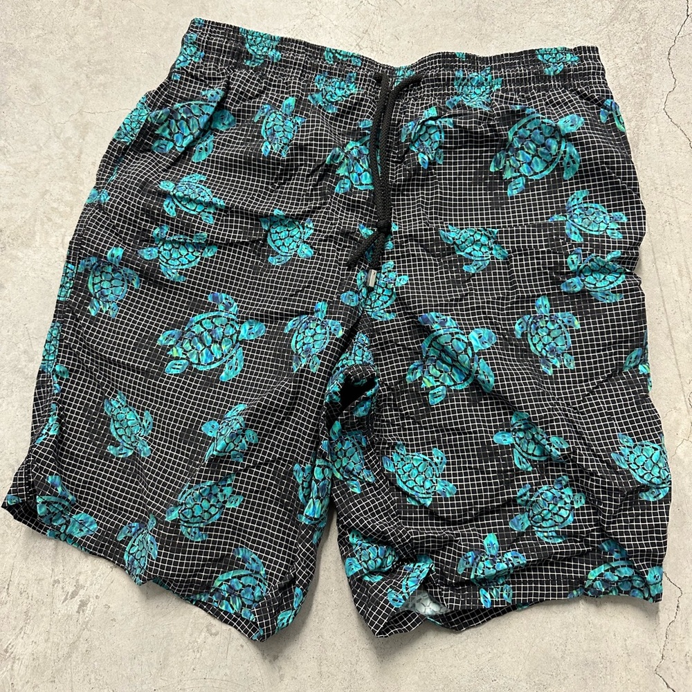 Men’s Vilebrequin bathing suit black and white grid with teal turtles XXL